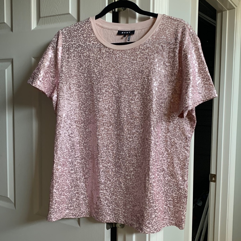 DKNY rose gold sequin dressy t shirt. Size large, longer length. Comfy,
